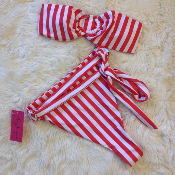 2 PC Striped U-Ring High Waisted Bikini Set - Picture 5 of 7